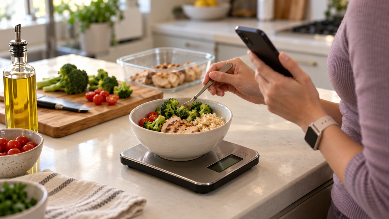 A woman weighs a healthy meal on a kitchen scale and checks her phone.