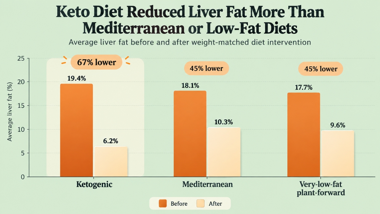 Chart of liver fat before and after ketogenic, Mediterranean, and low-fat diets.