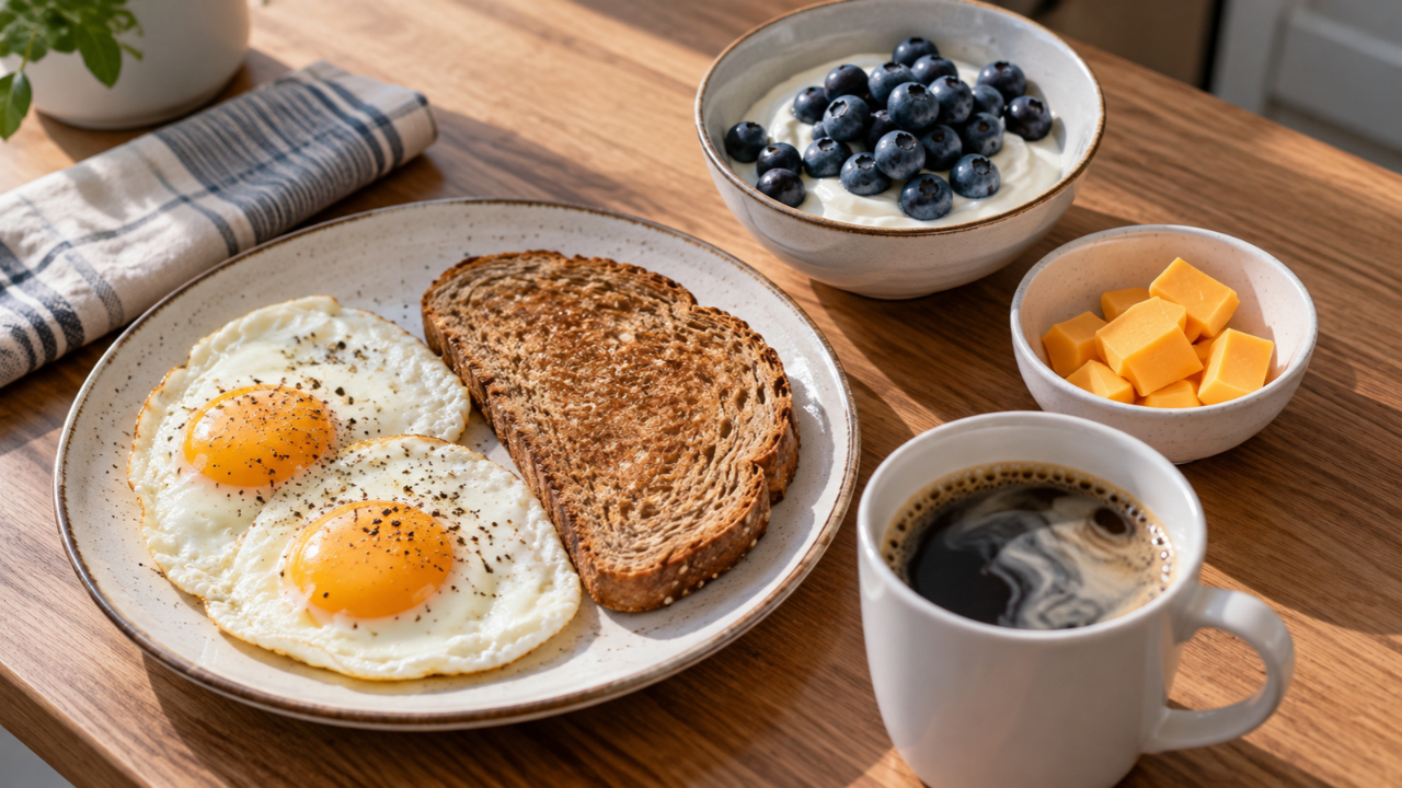 Two fried eggs with whole-wheat toast, Greek yogurt with blueberries, cheddar cheese, and a cup of coffee on a wooden table.