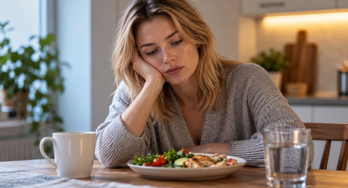 ired woman resting her head on her hand while looking at a healthy meal, illustrating fatigue associated with not eating enough calories.