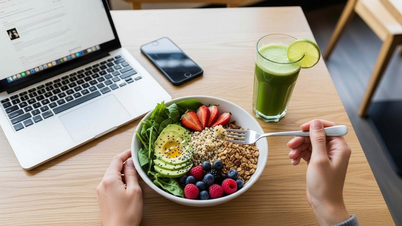 A person eats a bowl of avocado, grains, and berries beside a laptop and a green smoothie.